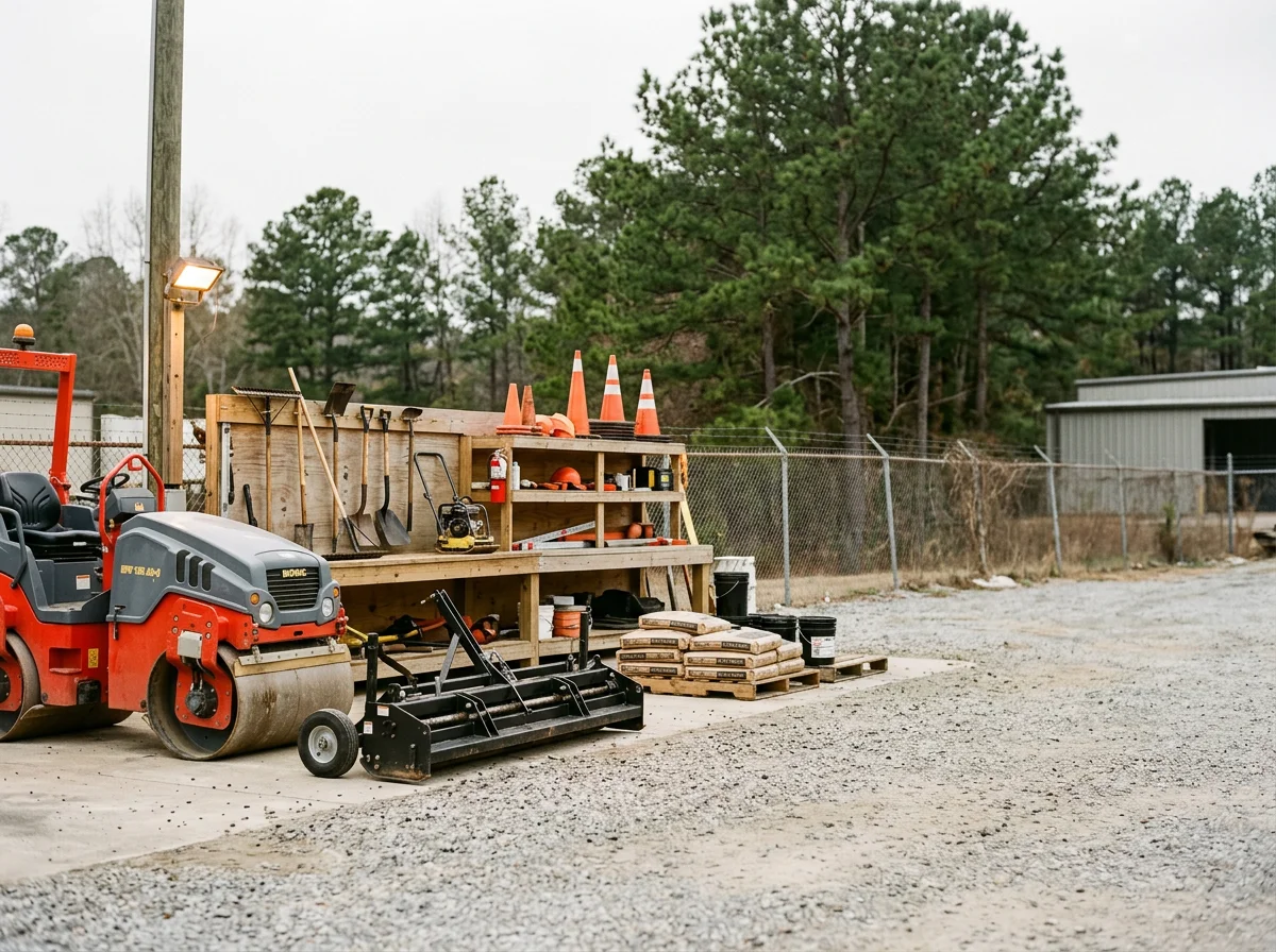 Asphalt paving equipment and crew tools staged on a job site, ready for commercial or residential driveway and parking lot work.