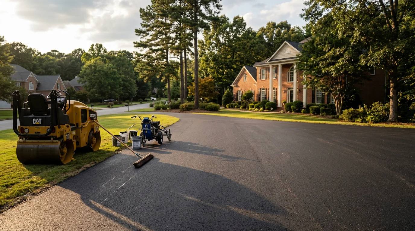 Professional asphalt paving crew laying fresh asphalt on a residential driveway