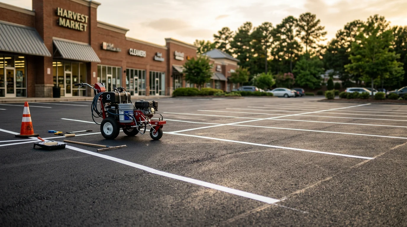 Freshly striped commercial parking lot with clear parking space markings