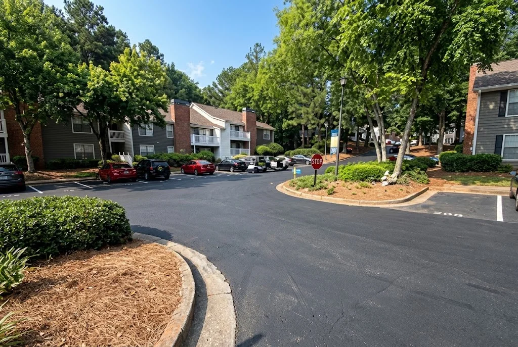 Newly paved asphalt parking lot with white striping, concrete curbing, and landscaped perimeter