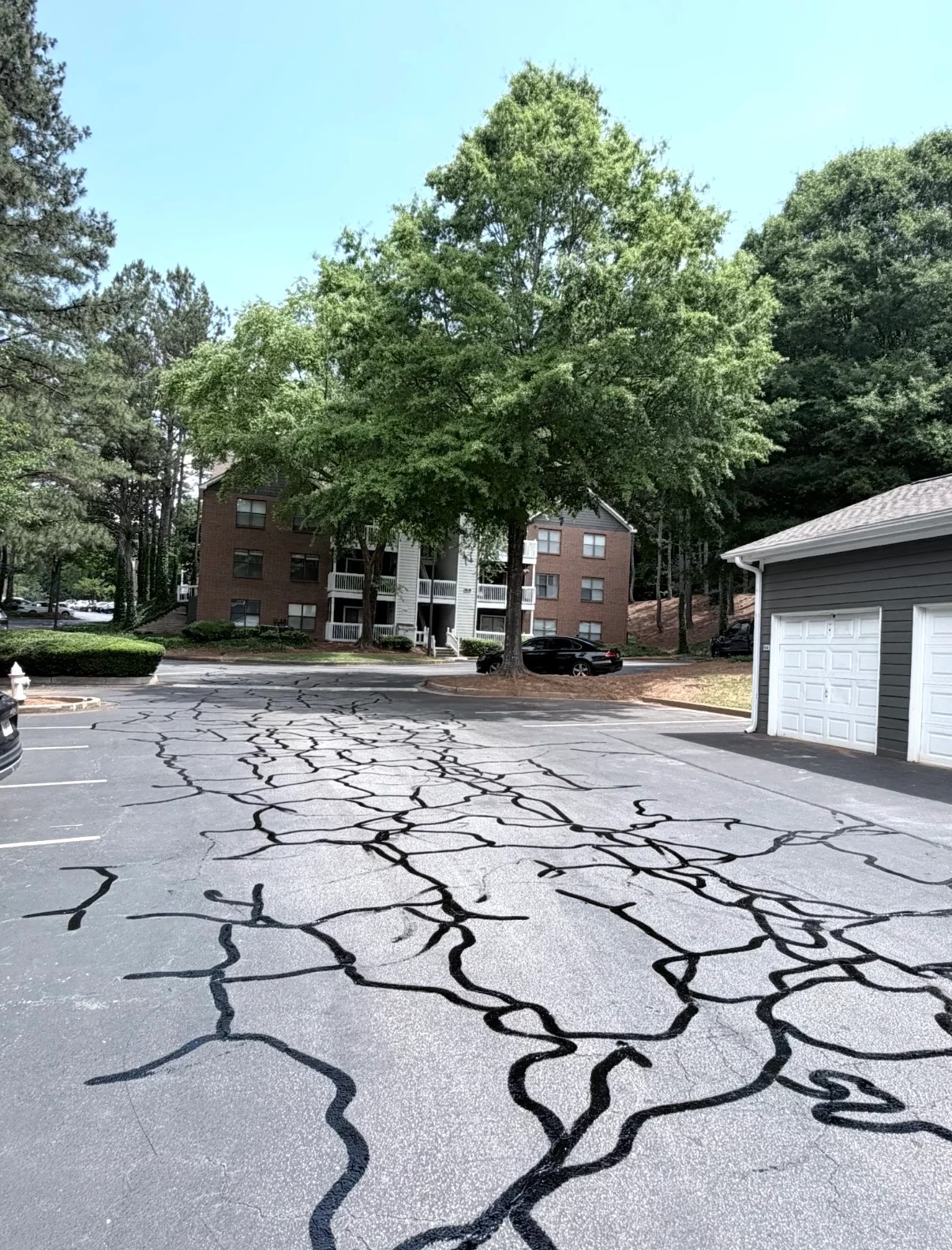 Newly paved asphalt driveway with decorative black striping pattern at apartment complex