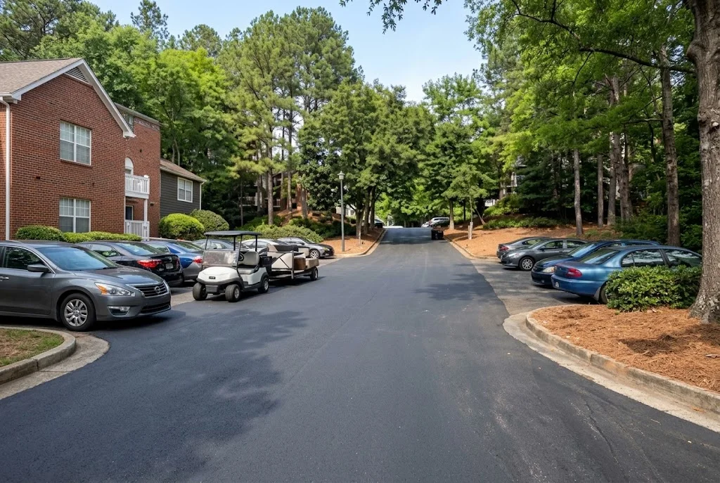Newly paved asphalt parking area with concrete curbs, parked vehicles, and mature trees