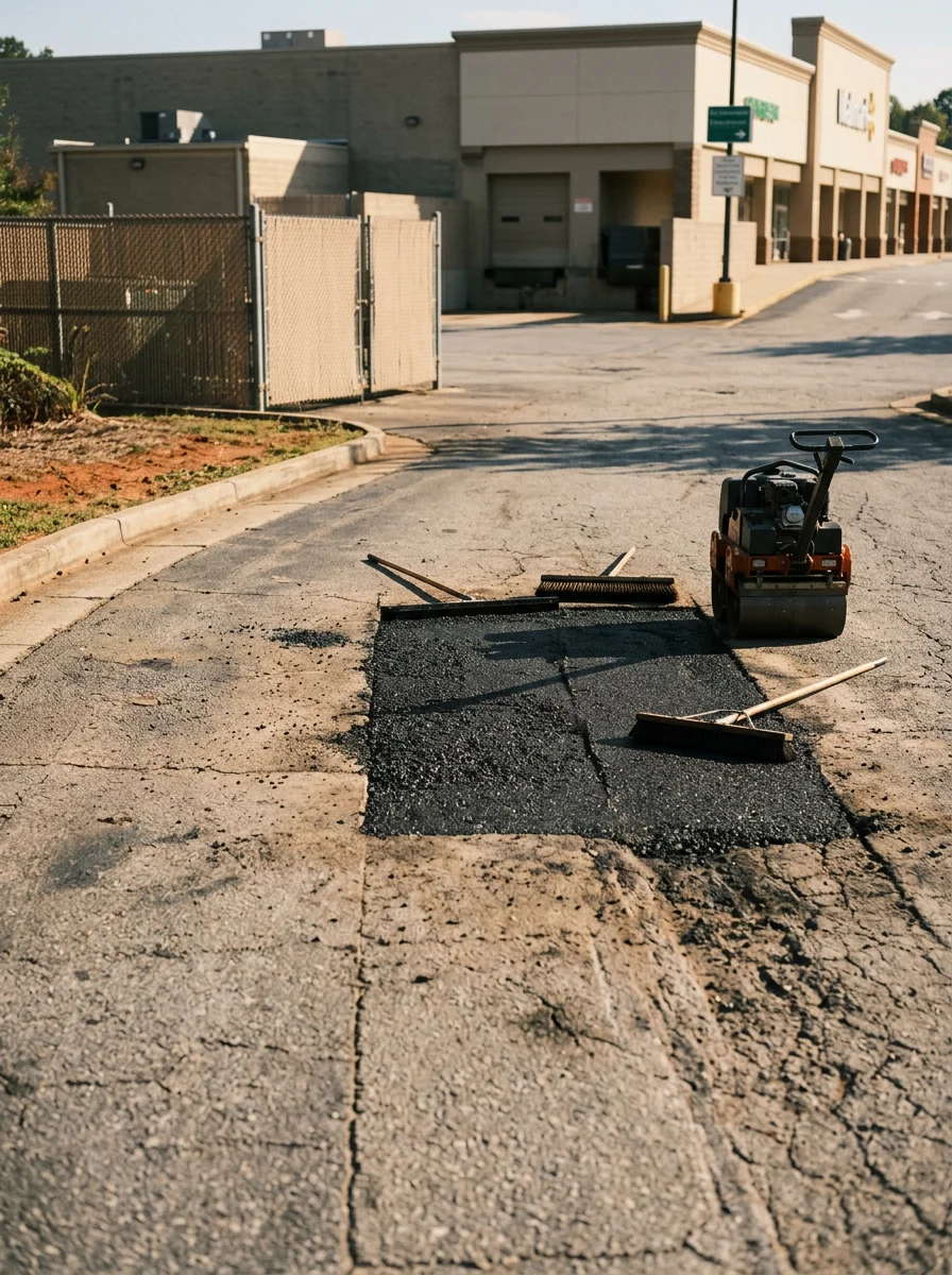 Commercial parking lot repair in progress at an Acworth, GA I-75 corridor retail property showing asphalt patching of rutted drive lanes near a loading area.