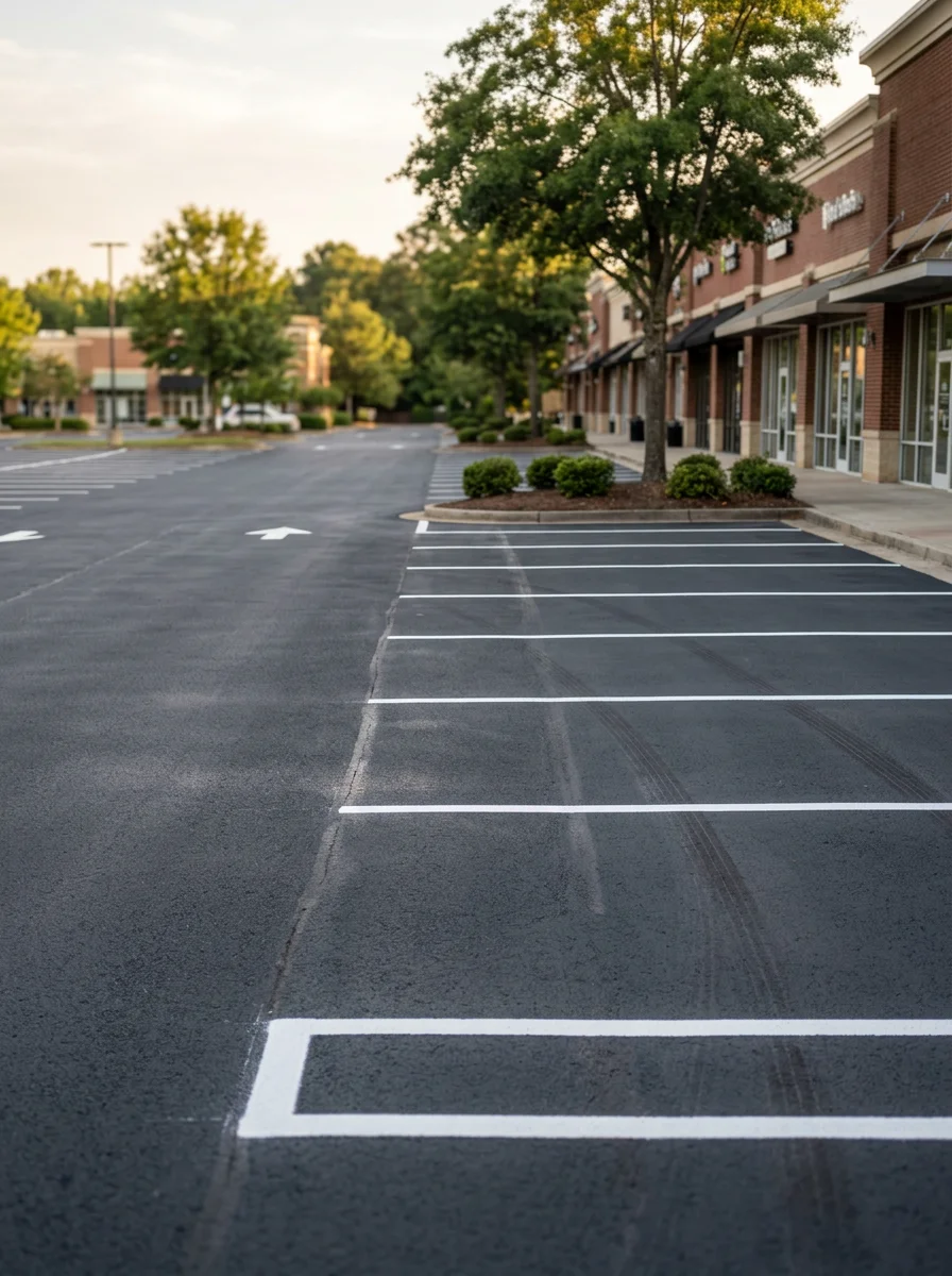 Freshly sealcoated and restriped parking lot at an Alpharetta, GA retail center showing crisp white parking lines on dark asphalt.
