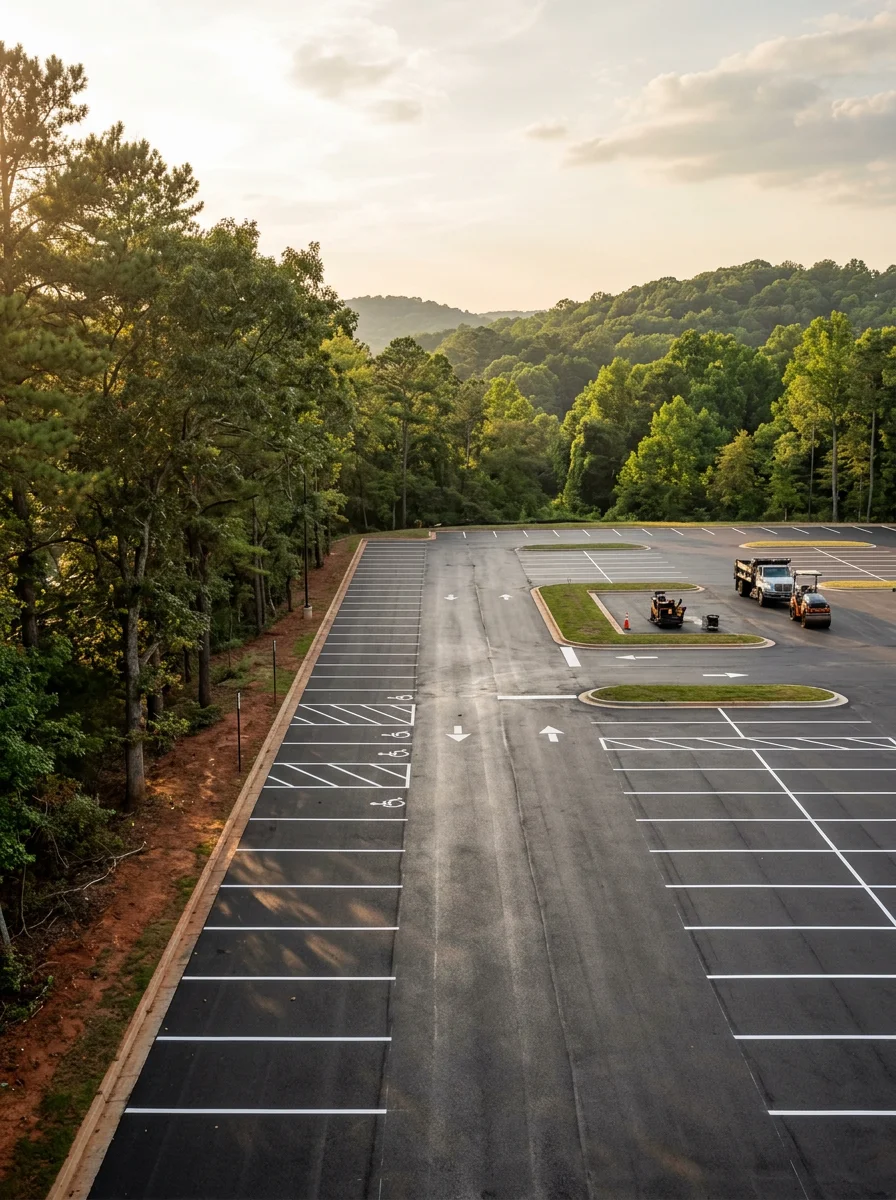 Completed commercial parking lot with fresh asphalt and parking lot striping in Atlanta, with rolling Piedmont terrain in background