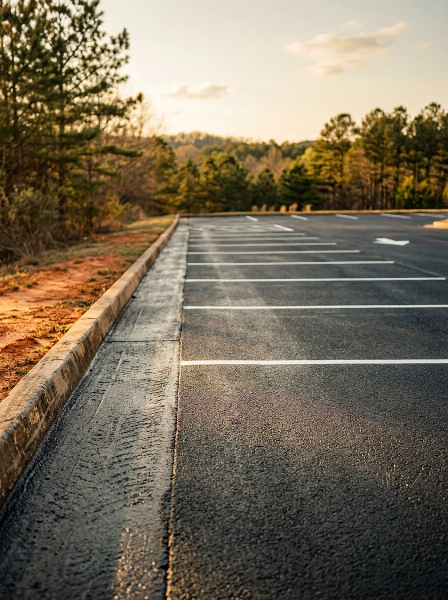 Commercial parking lot with fresh asphalt sealcoating in Ball Ground, Georgia
