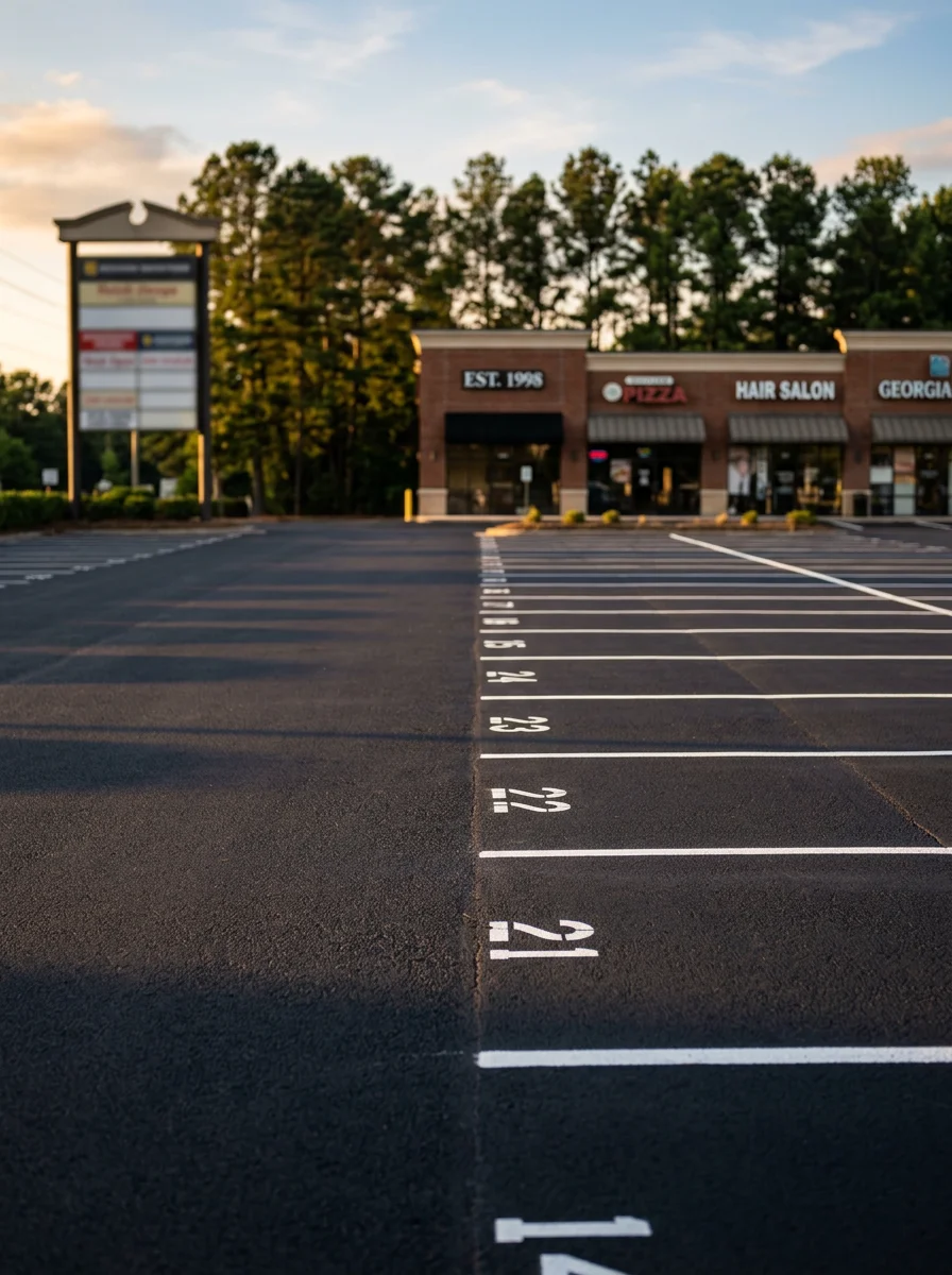 Commercial parking lot with fresh asphalt and bright white striping at a busy retail center in Buford, Georgia.