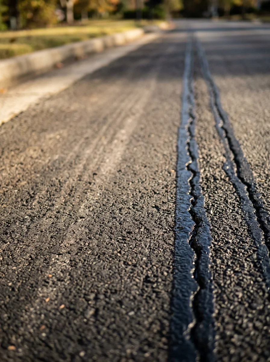 Close-up of asphalt crack sealing work on a Canton, GA driveway showing filled longitudinal cracks along the pavement edge.