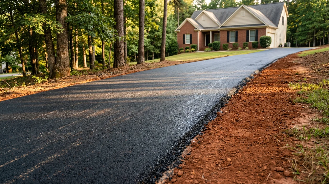 Freshly paved residential asphalt driveway in a Canton, GA subdivision with red clay soil visible along the graded edges.