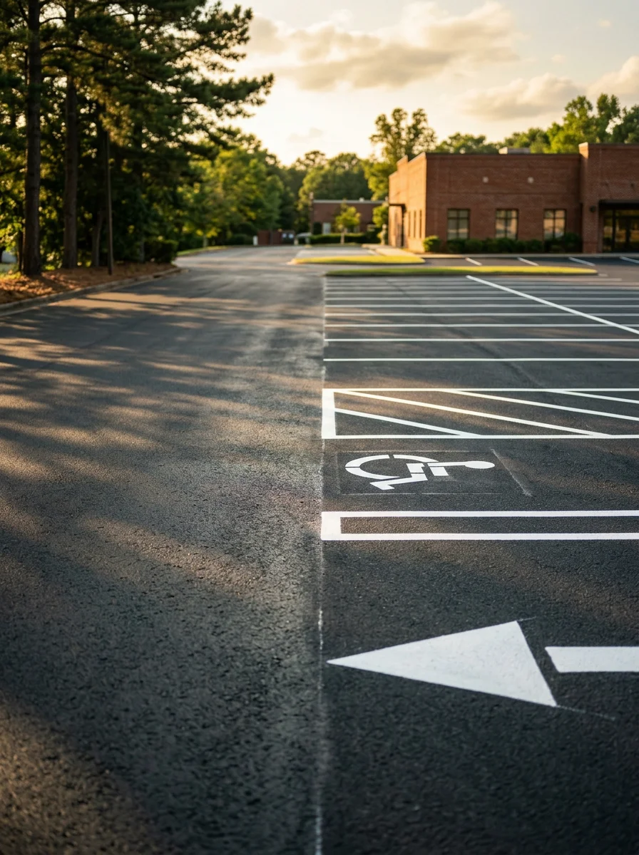 Commercial parking lot with fresh sealcoating and striping in Cartersville, GA