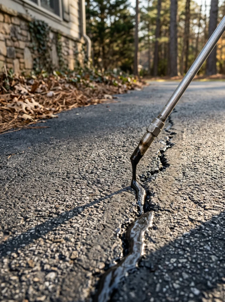 Asphalt crack sealing in progress on a Cumming, GA driveway showing rubberized filler being applied to longitudinal surface cracks before sealcoating.