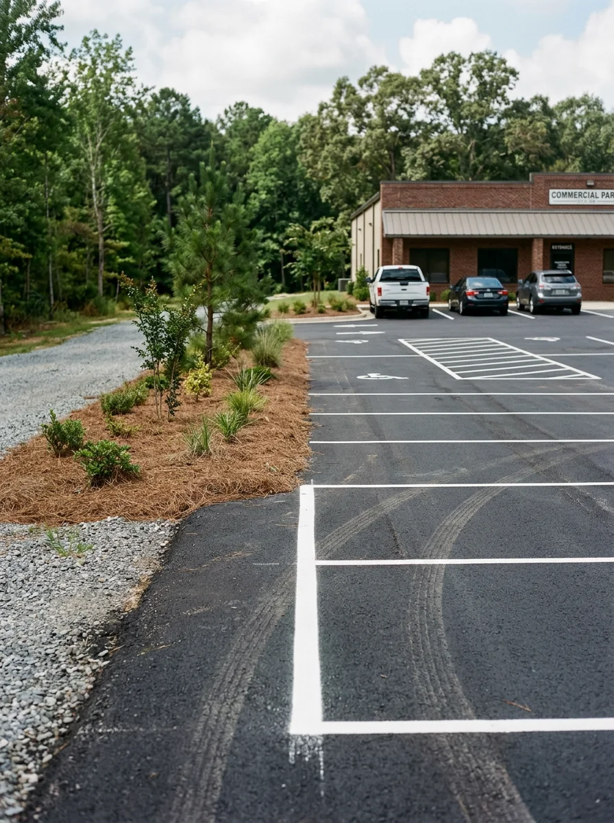 Commercial parking lot with fresh asphalt paving and striping in Dawsonville