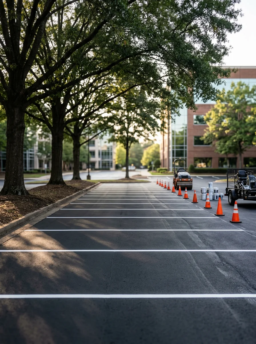 Commercial parking lot with clear striping and smooth asphalt surface in Dunwoody's Perimeter Center area