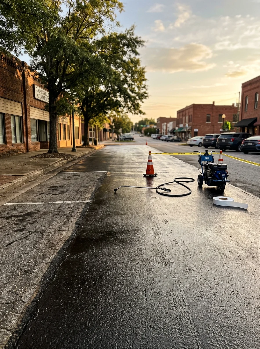 Professional asphalt sealcoating application on a Gainesville commercial parking lot, protecting against heavy rain and UV damage