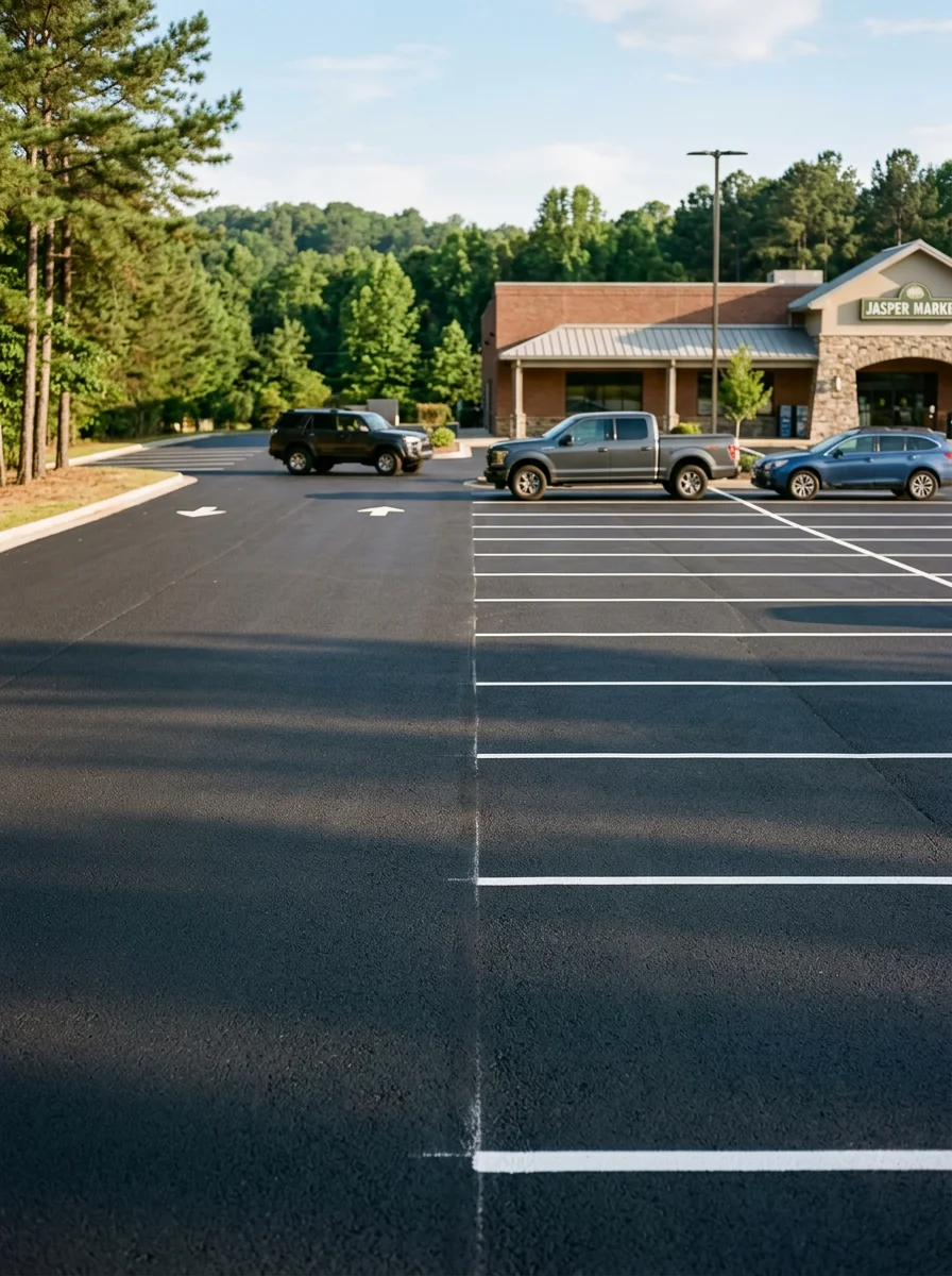 Commercial parking lot with fresh asphalt and clear striping in Jasper, GA