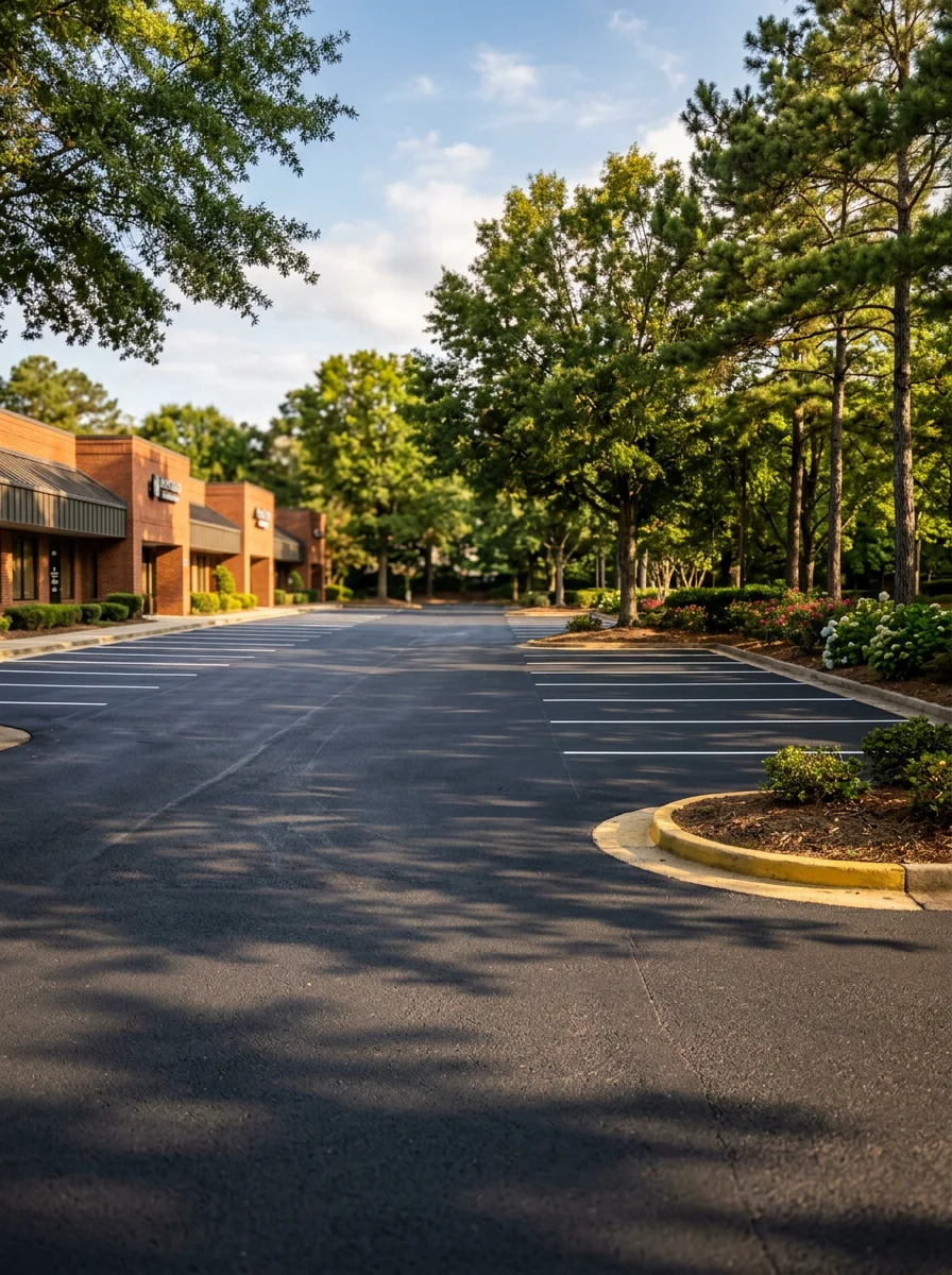 Commercial asphalt parking lot with landscape islands and shade trees in Johns Creek, showing proper drainage grading