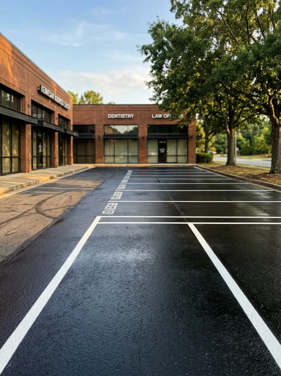 Commercial parking lot with fresh sealcoating and striping in Kennesaw business district