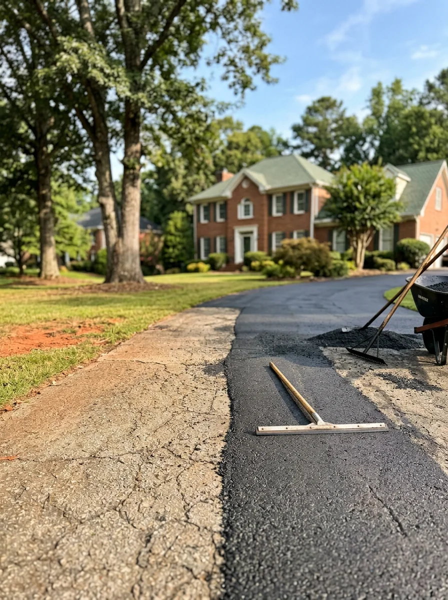 Asphalt driveway resurfacing underway at an East Cobb, GA residential property showing fresh asphalt overlay being applied to an oxidized 1980s-era driveway surface.
