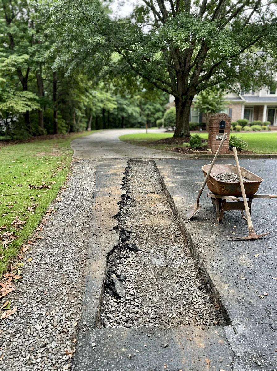 Asphalt driveway repair on a Milton, GA large-lot property showing a section of root-heaved pavement removed and base material being prepared for repaving.