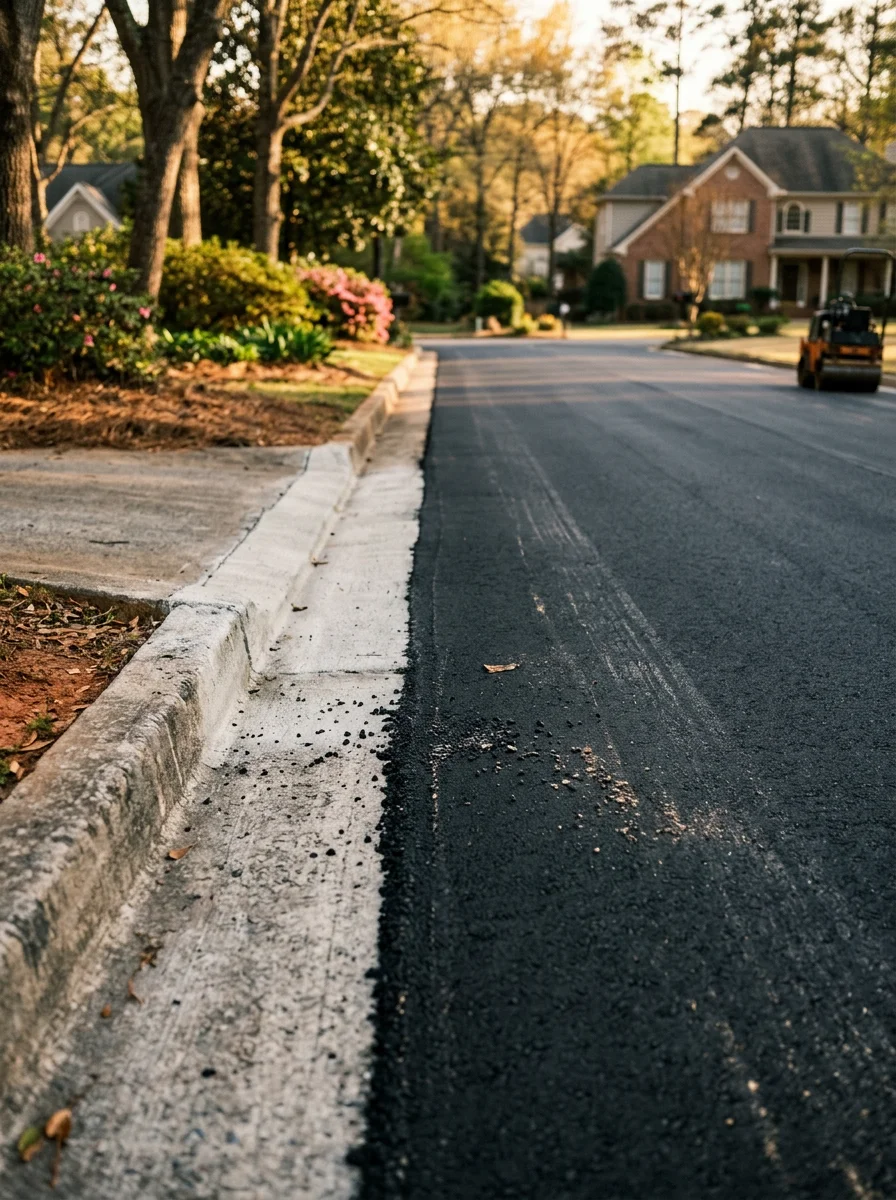 Completed asphalt driveway replacement at a Roswell, GA residential property with smooth new pavement and repaired concrete curb at the street edge.