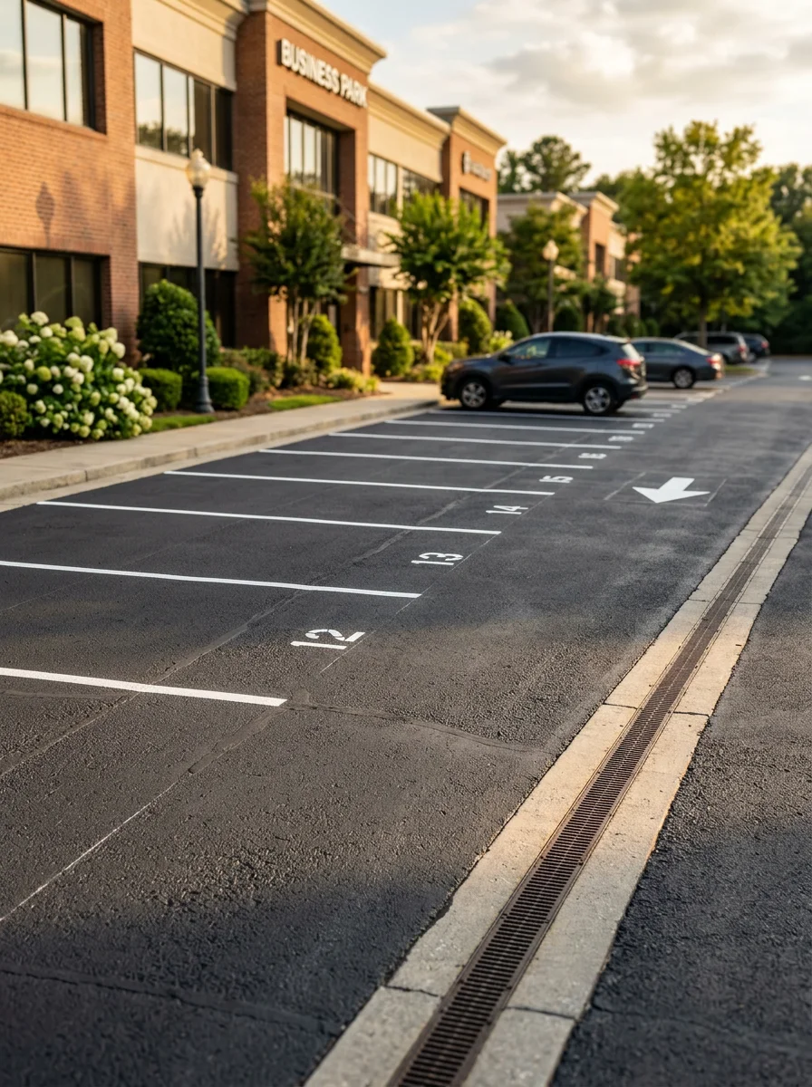 Commercial parking lot in Sandy Springs with proper drainage and asphalt sealcoating under humid summer conditions