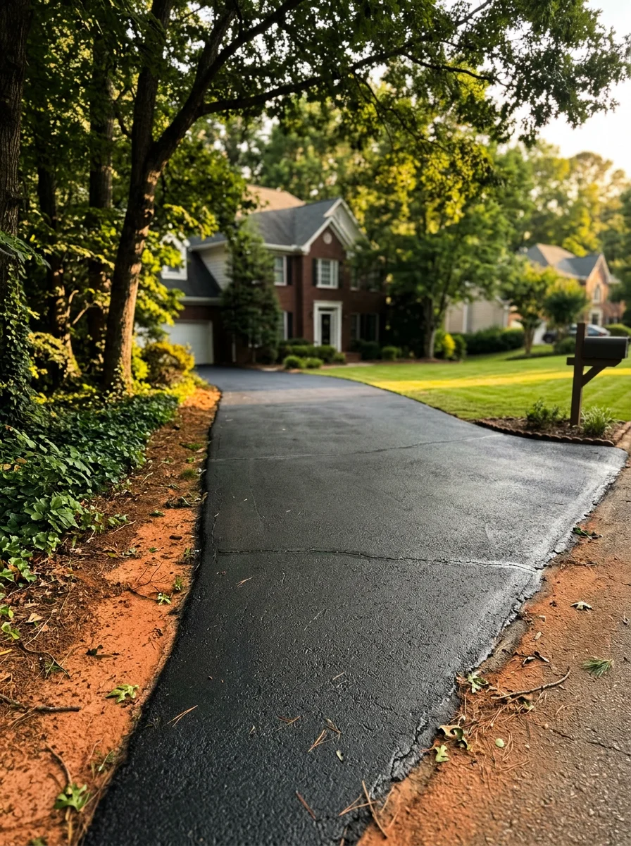 Residential asphalt driveway in Smyrna with crack sealing and sealcoat protection against red-clay subgrade and summer heat