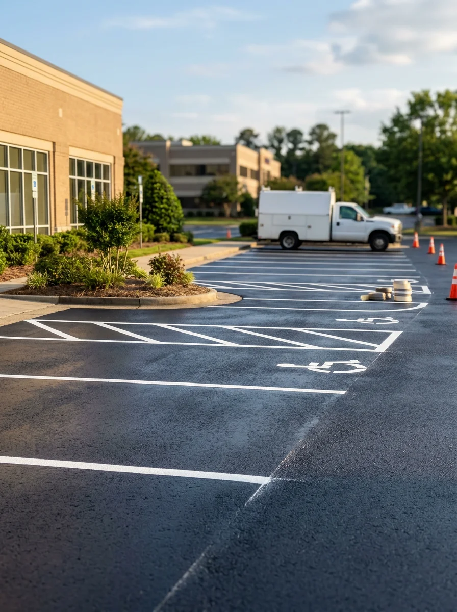 Commercial parking lot with fresh sealcoating and parking space striping in Suwanee business district