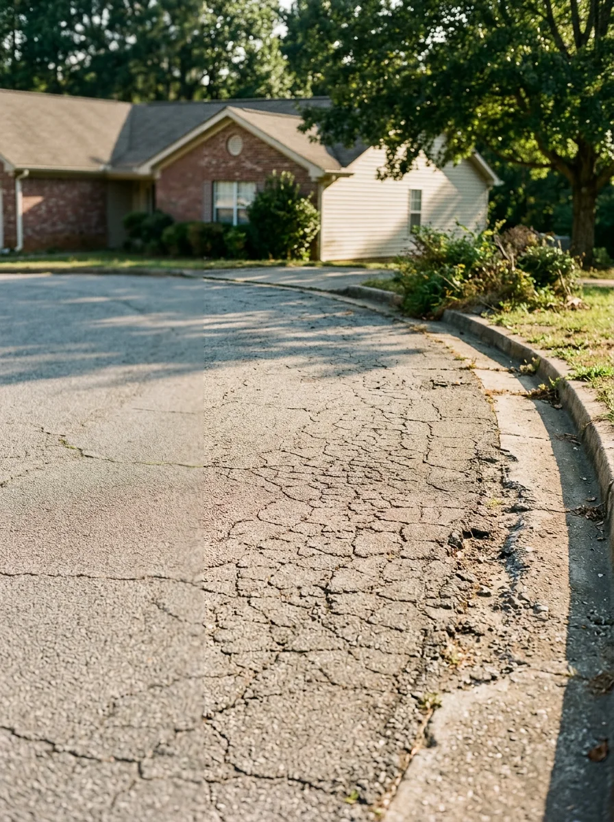 Faded and cracked asphalt driveway in a Woodstock, GA 1990s-era subdivision showing surface oxidation and edge deterioration before replacement.