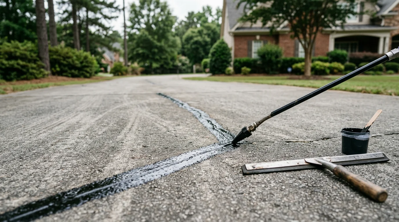 Freshly sealed asphalt driveway in Canton, GA with crack sealing compound applied along surface cracks, showing a clean finished surface on a residential property. Close-up view of sealed pavement lines against the surrounding asphalt in a North Georgia neighborhood setting.
