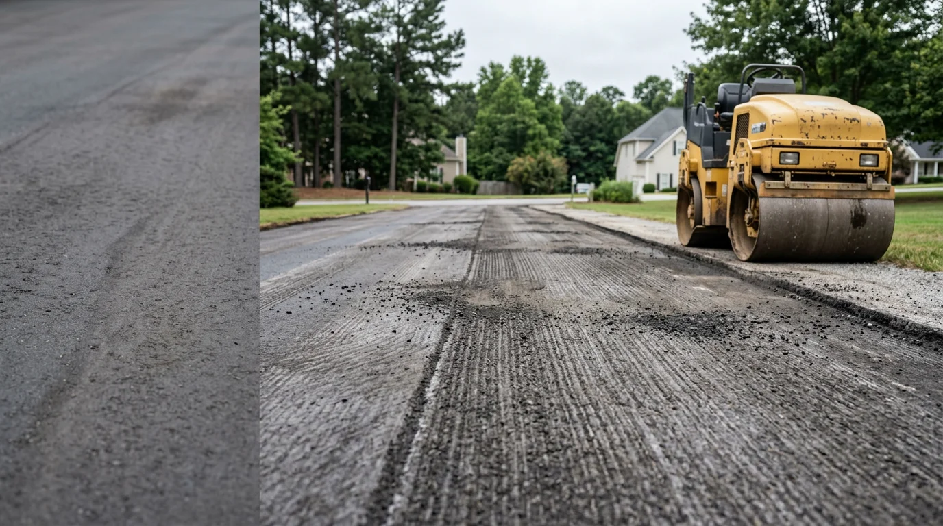 A milling machine removing the top layer of worn asphalt on a residential property in Canton, GA, with fresh pavement ready to be laid over the prepared surface.