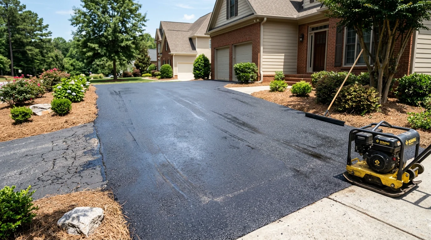 Freshly compacted asphalt overlay on a residential driveway in Canton, GA, showing a smooth dark surface free of cracks and surface deterioration. The finished overlay meets the existing edge grade cleanly with no raised lips or uneven transitions.