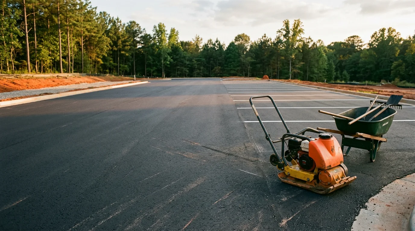Freshly paved asphalt parking lot at a commercial property in Canton, GA, with clean lot striping and smooth black surface. North Georgia commercial building visible in the background.