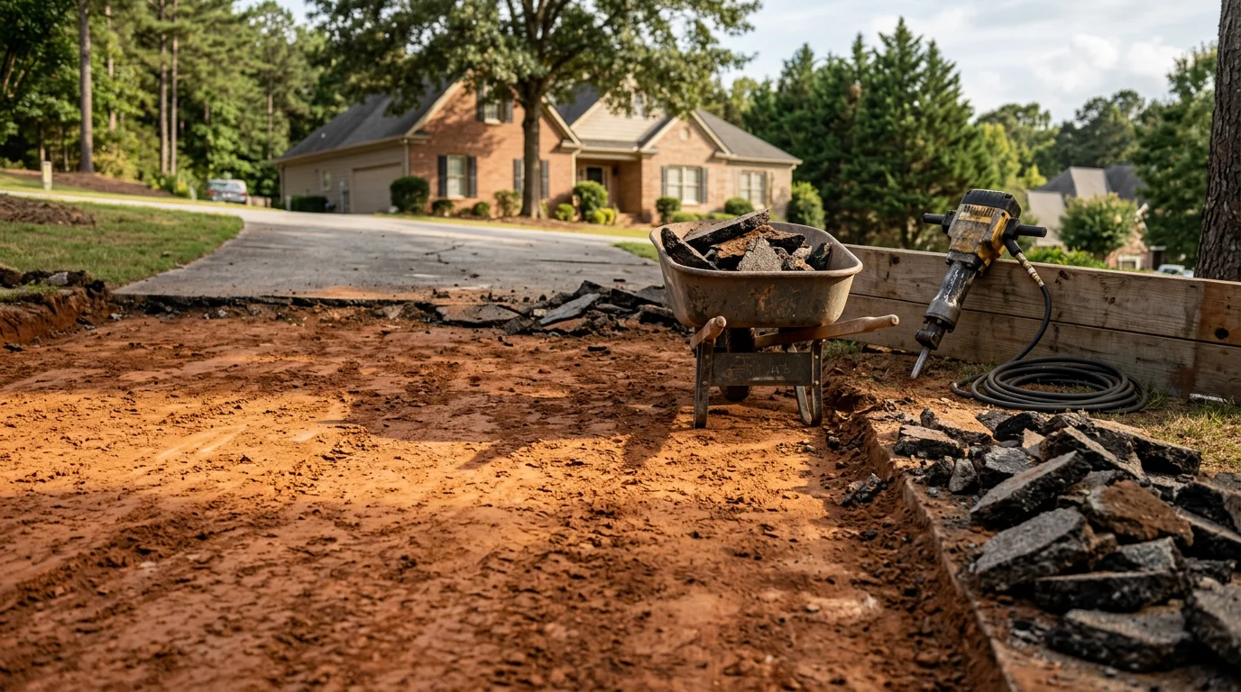 A freshly paved residential driveway in Canton, GA with clean asphalt edges and a smooth surface following full removal and replacement. The surrounding red clay soil and North Georgia tree line are visible in the background.