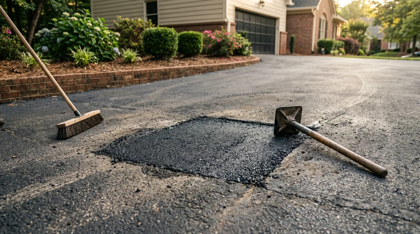 A freshly patched asphalt driveway in Canton, GA showing a smooth, compacted repair where a pothole and surface cracking had formed. The repaired section blends into the surrounding pavement on a residential property in North Georgia.