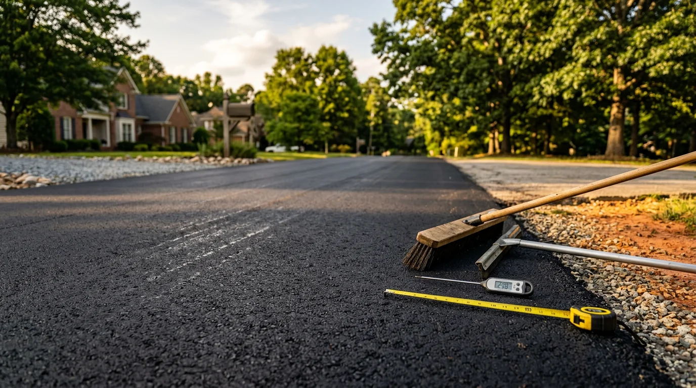 Freshly resurfaced asphalt driveway in Canton, GA showing a smooth, dark surface free of cracks and surface wear. A residential property in North Georgia with renewed pavement extending from the street to the garage.