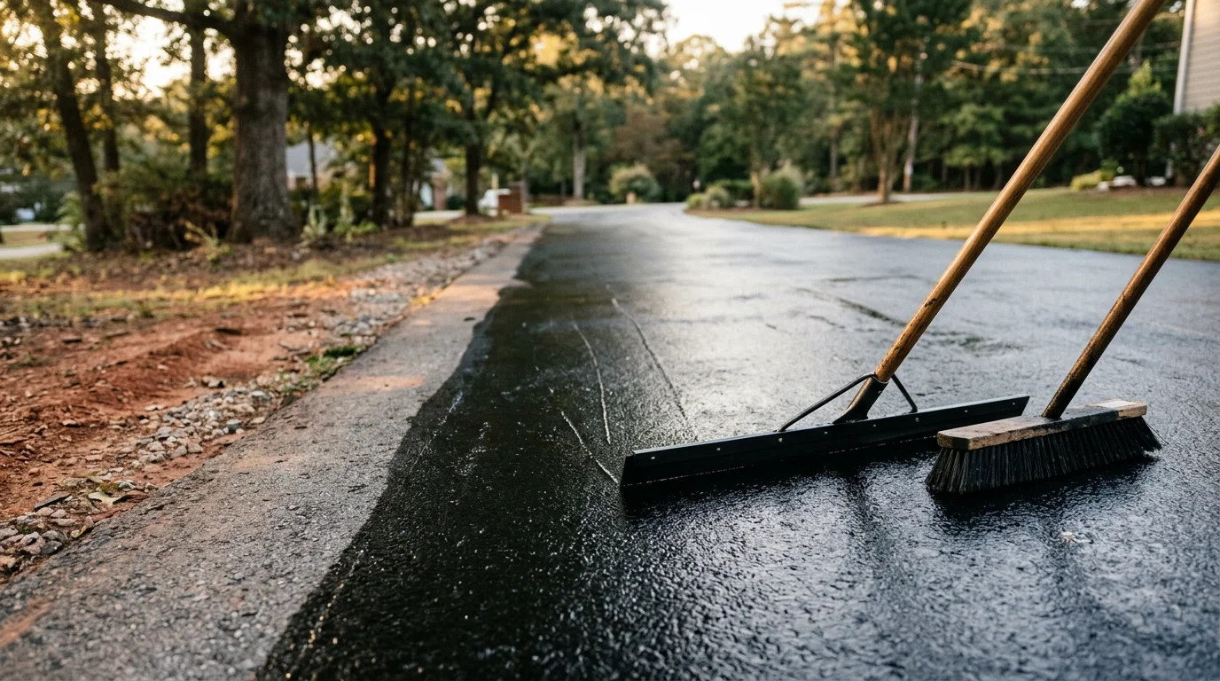 Freshly sealcoated residential asphalt driveway in Canton, GA with a uniform dark black finish and clean edges along a suburban home. The sealed surface shows no fading or surface cracking after professional application.