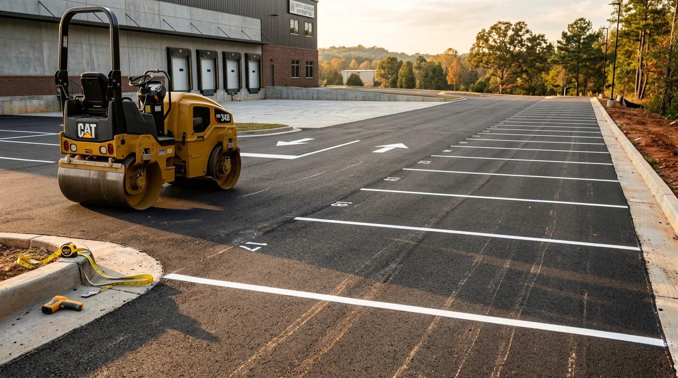 Freshly paved commercial asphalt surface at a North Georgia business property near Canton, GA, showing clean pavement edges, smooth compacted asphalt, and a well-defined access drive leading to a commercial building.