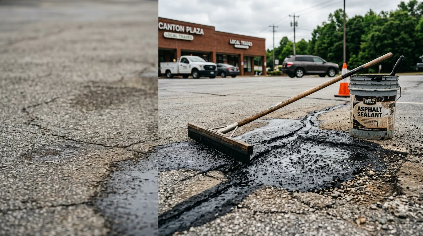 Repaired commercial asphalt parking lot in Canton, GA showing smooth patched surface with clean edges and no visible cracks or potholes. Lot serves a commercial property in the North Georgia area.