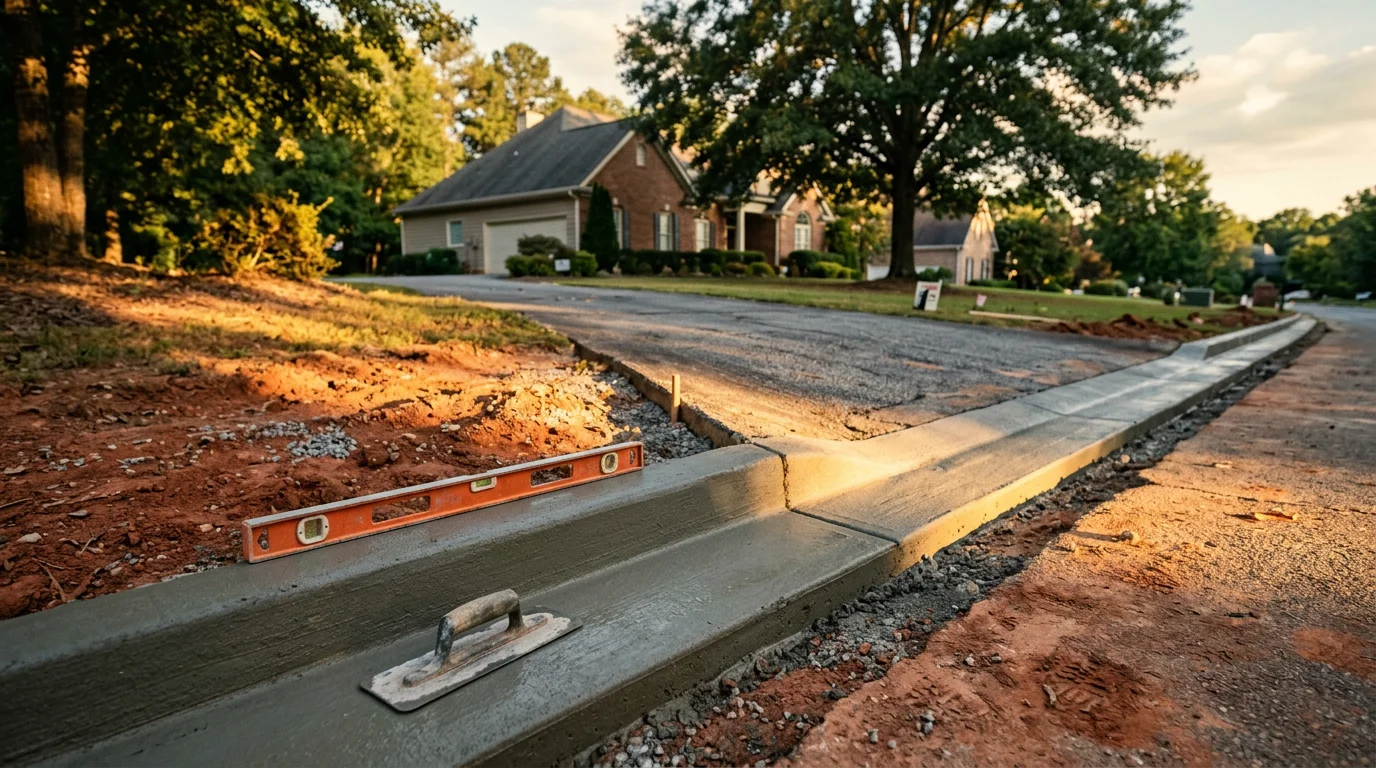 Freshly repaired concrete curb and gutter section along a residential street in Canton, GA, with clean edges and smooth surface matching the surrounding pavement. A repaired sidewalk panel runs adjacent to the curb, showing uniform finish and proper grade.