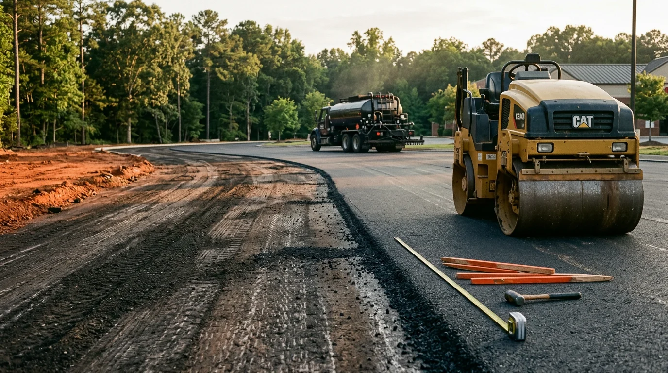 Freshly paved asphalt parking lot in a North Georgia HOA community near Canton, GA, showing smooth surface, clean edges, and clearly defined resident parking areas. Wide-angle view of a multi-building apartment community lot with new black asphalt and painted parking stall lines.