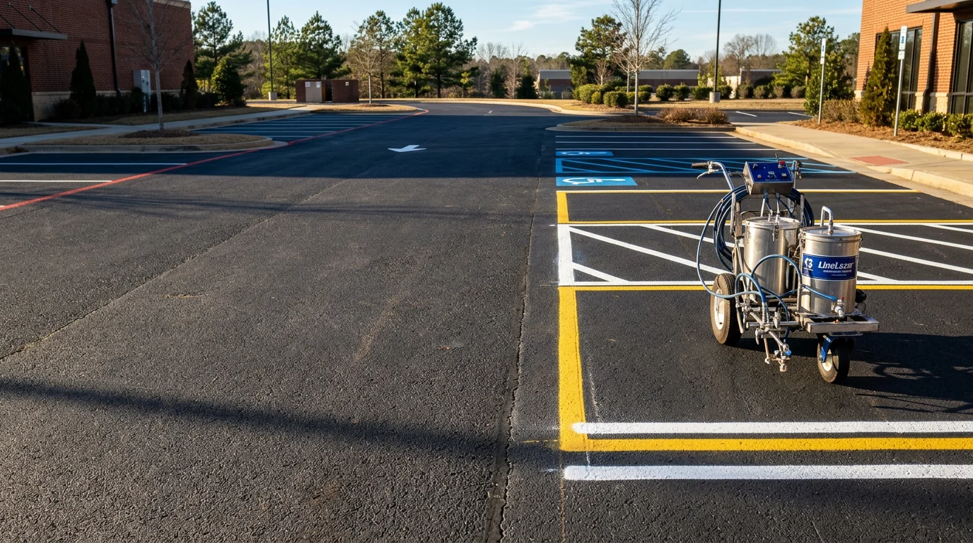 Freshly painted white parking stall lines and ADA-accessible space markings on a commercial asphalt lot in Canton, GA. Crisp directional arrows and clearly defined spaces are visible across the newly striped surface.