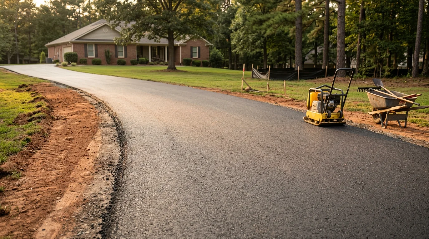 Freshly paved residential asphalt driveway at a single-family home in Canton, GA, with smooth black surface and clean edges leading to a two-car garage. The surrounding landscape reflects a typical North Georgia residential property with mature trees and a sloped lot.